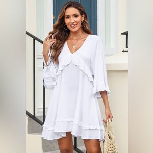 White Flowy Feminine V-Neck Ruffled Mini Dress
